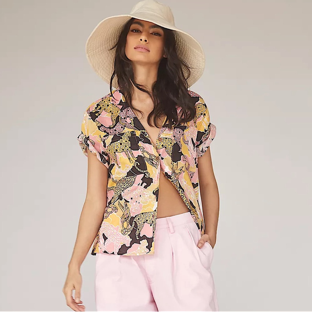 NWOT Maeve By Anthropologie Animal Printed Buttondown Surf Shirt Small Oversized